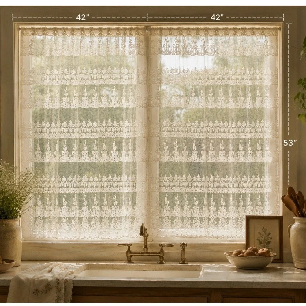 Vintage Sheer Mesh Lace Curtain Panels Floral Paisley 42x53 2 Romantic Cottage